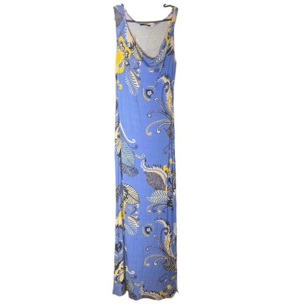 Tahari Blue Black Abstract Floral Long Maxi Dress Sleeveless Slit Leg Sz Medium